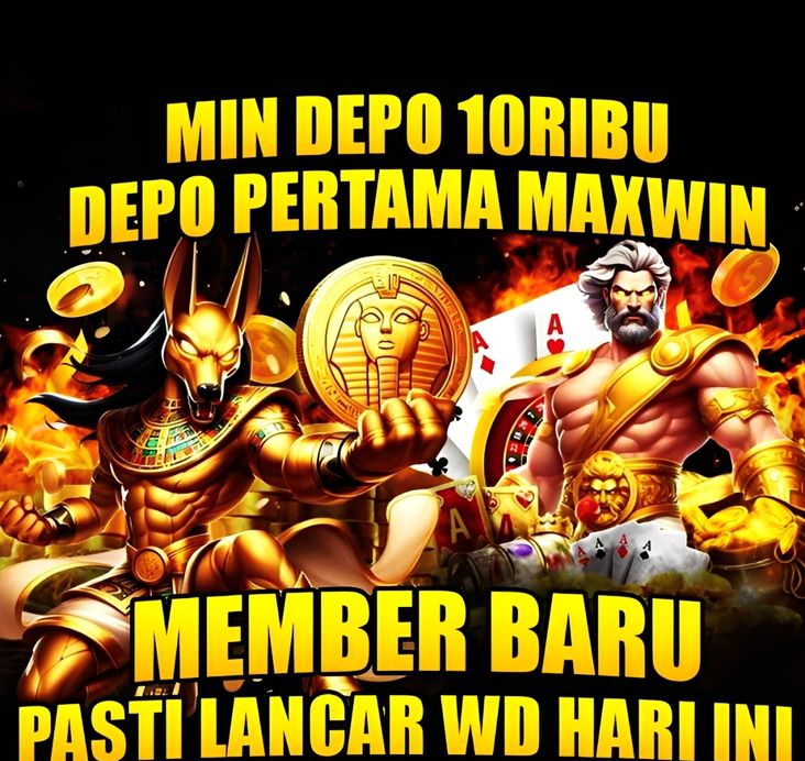 Ilustrasi dewa Mesir dan Zeus dalam tema slot rupiah dengan tulisan promosi “Min depo 10 ribu, depo pertama maxwin, member baru pasti lancar WD hari ini