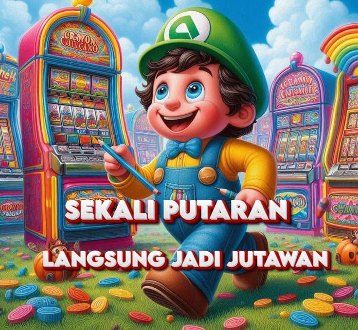 kartun gembira di depan mesin slot warna-warni dengan tulisan “Sekali Putaran Langsung Jadi Jutawan”, menggambarkan tema permainan slot hadiah besar yang menawarkan kemenangan cepat dengan modal kecil.