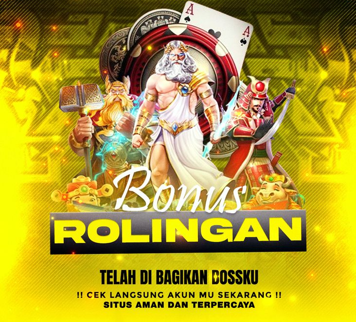 bonus rollingan slot dengan karakter dewa Zeus dan pahlawan slot populer, menampilkan tulisan “Bonus Rolingan Telah Dibagikan Bossku” dalam latar kuning mencolok.