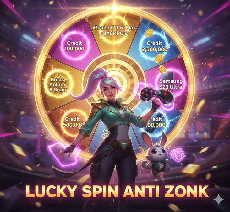 Lucky Spin anti zonk dengan hadiah besar seperti iPhone 17 Pro Max, Samsung S23 Ultra, dan kredit jutaan rupiah, menampilkan karakter gamer dengan roda keberuntungan bercahaya.