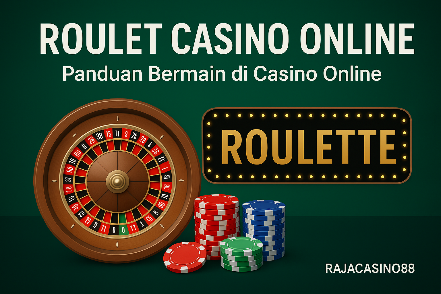 Roulette Casino Online dengan panduan bermain dan tumpukan chip warna merah, hijau, dan biru di RAJACASINO88