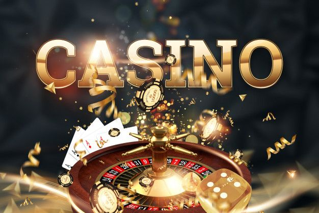 Ilustrasi permainan Live Casino menampilkan roda roulette, kartu, dan dadu emas dengan nuansa kemewahan serta kata “CASINO” berwarna emas berkilau.