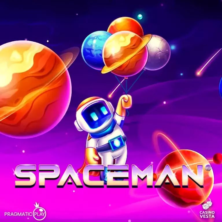 Gambar karakter astronot dari permainan Spaceman sedang memegang balon planet berwarna cerah di luar angkasa, menggambarkan tema permainan yang futuristik dan penuh warna.