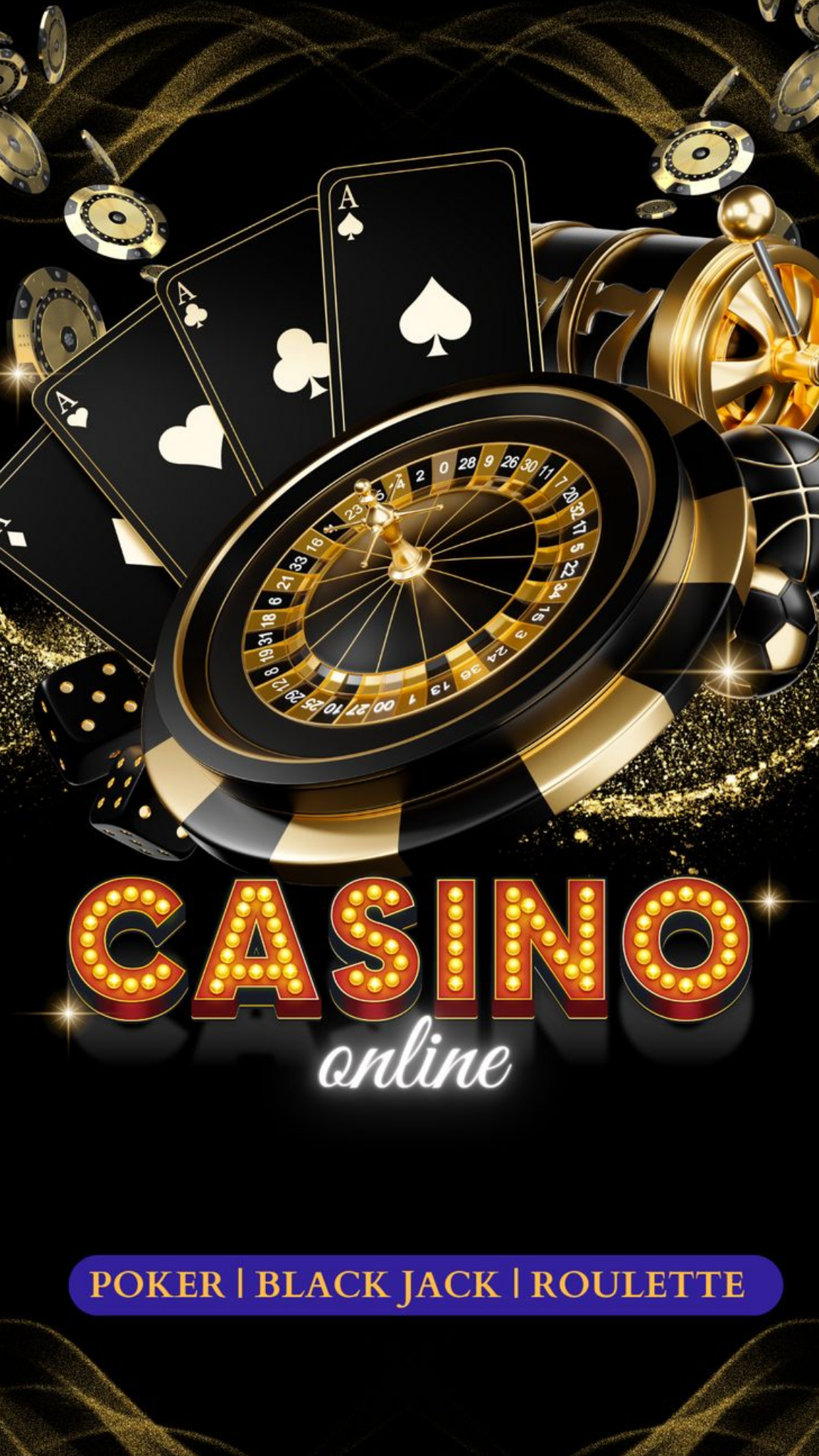 Roda roulette dan kartu permainan berwarna hitam emas dengan tulisan Casino Online menggambarkan suasana permainan kasino modern dan elegan.