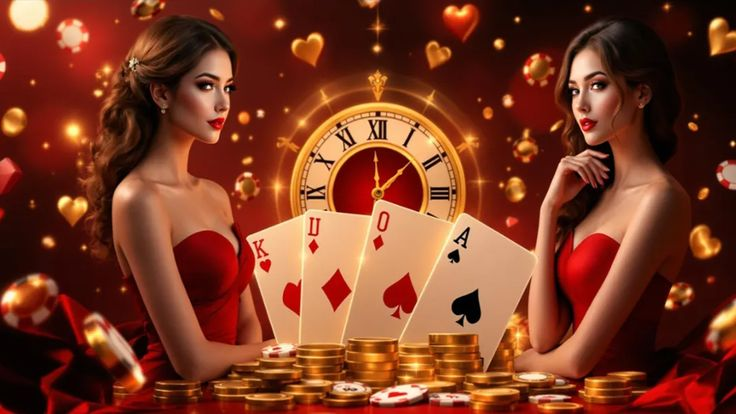 Dua pemain wanita elegan di meja baccarat dengan latar jam klasik dan tumpukan koin emas, menggambarkan strategi dan teknik untuk mendapatkan kemenangan dalam permainan Speed Baccarat 2.