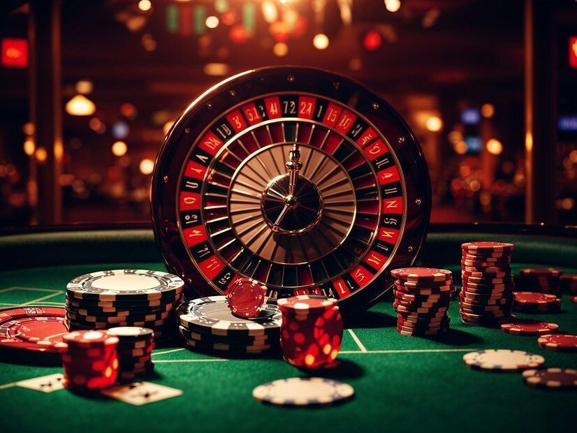 Meja casino roulette dengan roda putar dan tumpukan chip sebagai ilustrasi tips mudah menang roulette untuk pemula.