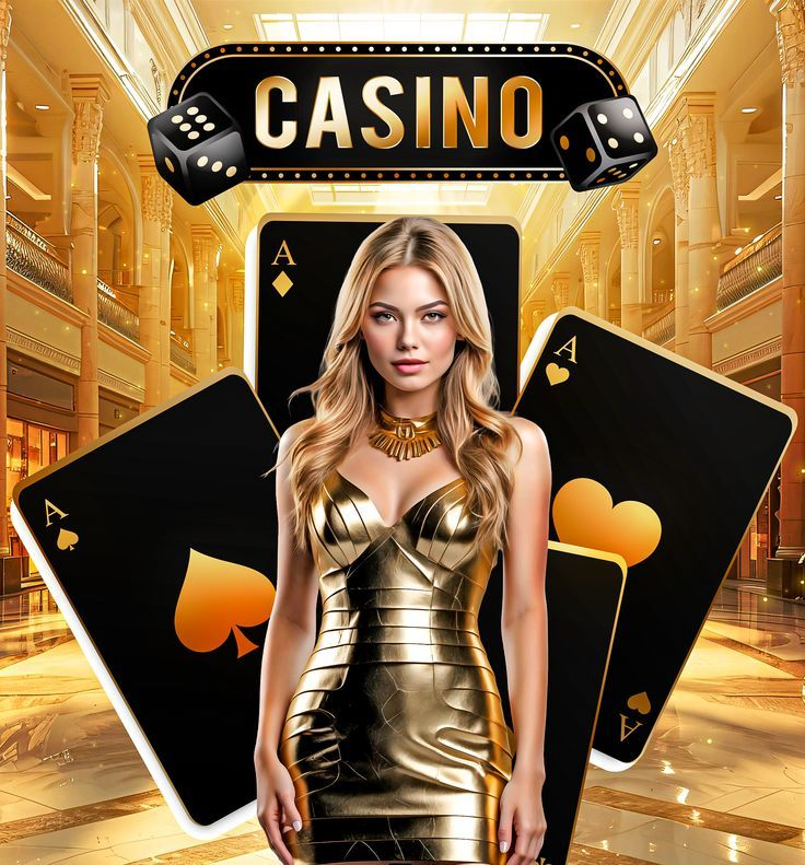 Seorang wanita elegan mengenakan gaun emas berdiri di depan latar bertema casino dengan kartu as dan dadu, menggambarkan suasana permainan live casino.